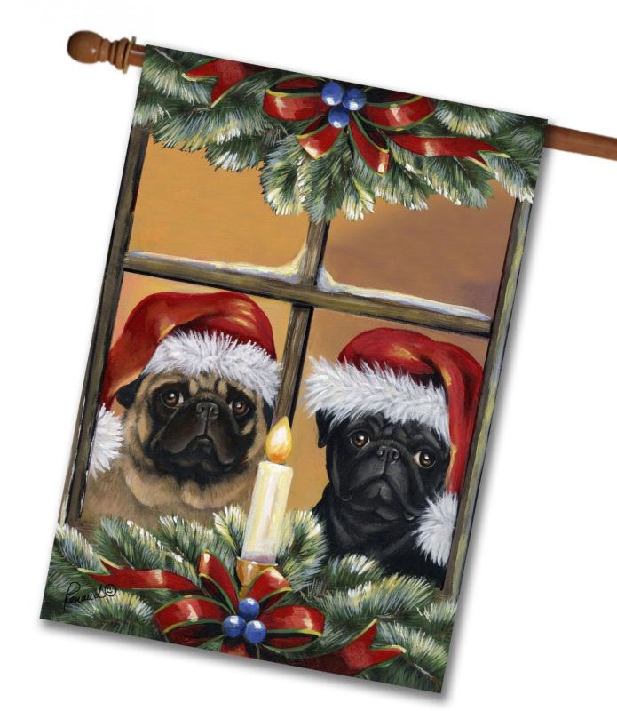 Candle Pug Christmas House Flag