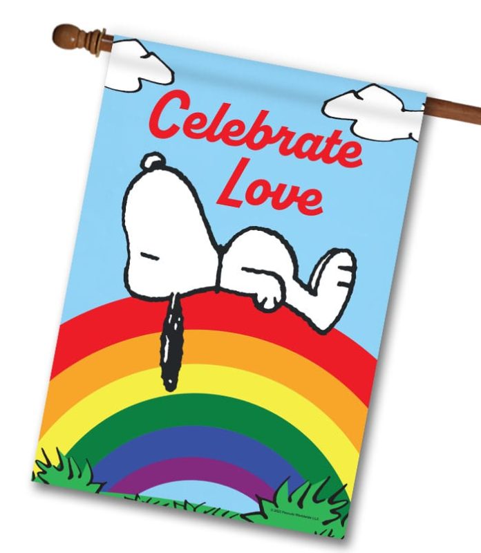 Buy: PEANUTS® Rainbow Celebrate Love Snoopy – House Flag Flagology.com